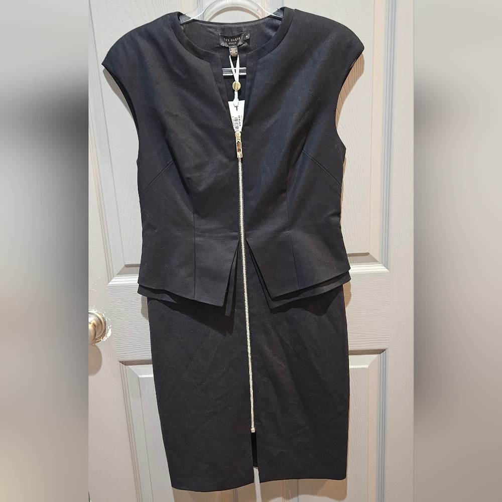 TED BAKER Front Zip Black Structured Peplum Jumana Dress - Size 3 Small